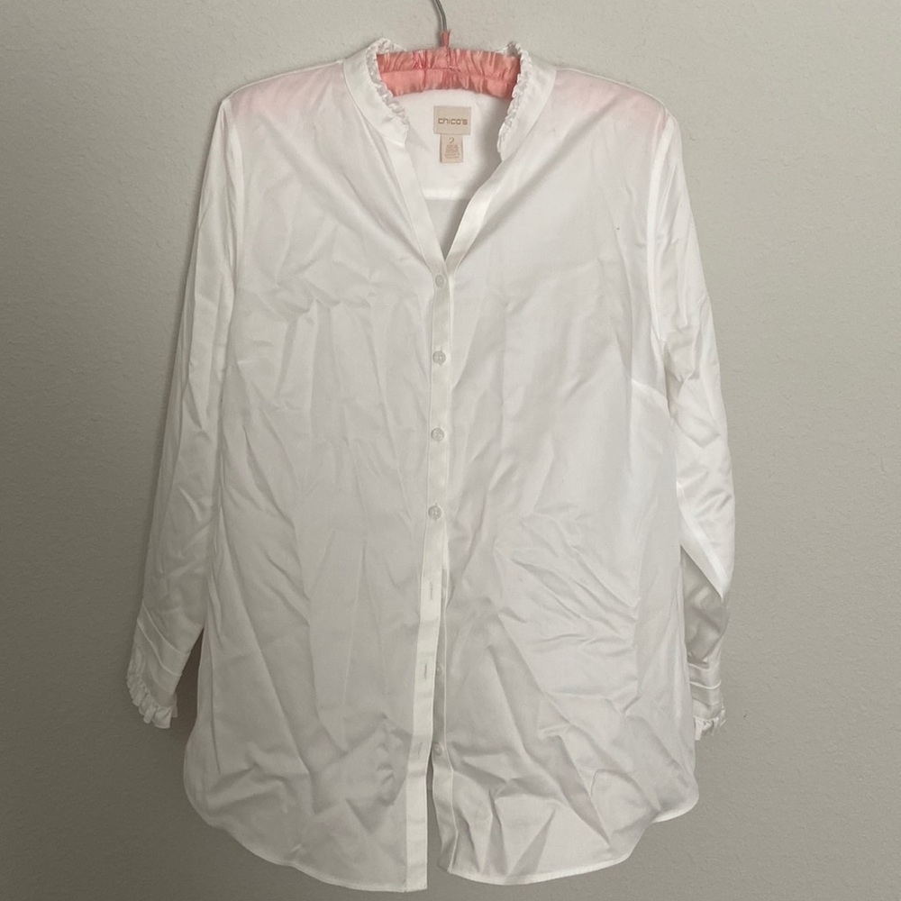 Chicos white button down with ruffle trim detail size large